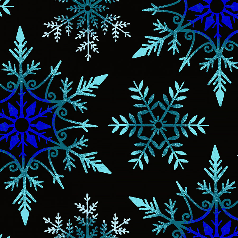 108" Wide Quilt Backing Crystal Frost Snowflakes Black/Blue