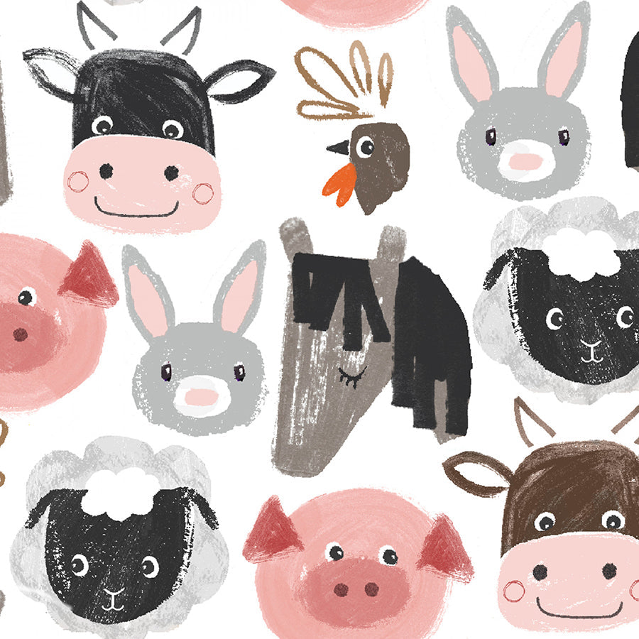 Little Foot Farm Flannel Animal Faces White
