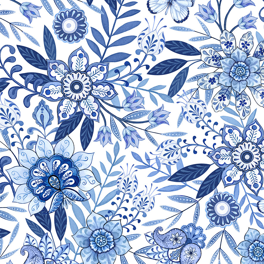 Blooming Blue Large Floral All Over White