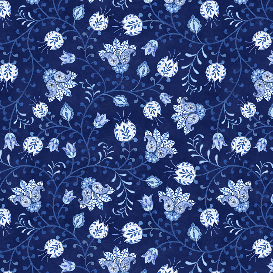 Blooming Blue Tulip Vines Navy