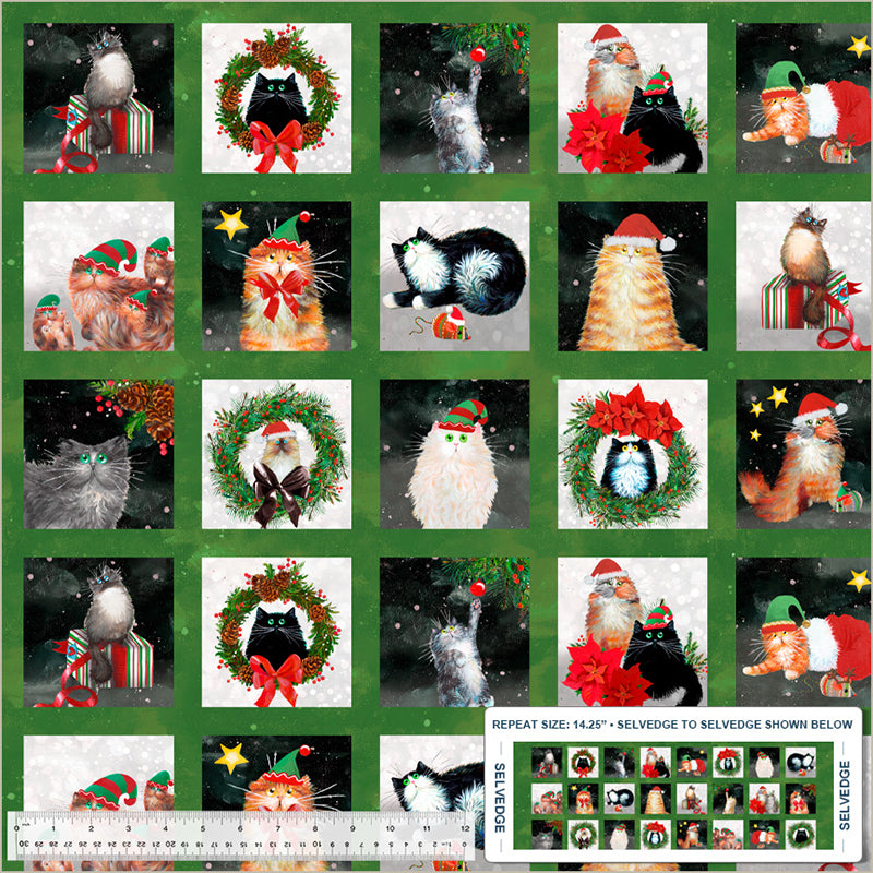 Meowy Christmas Festive Felines 28.5" Panel Pine