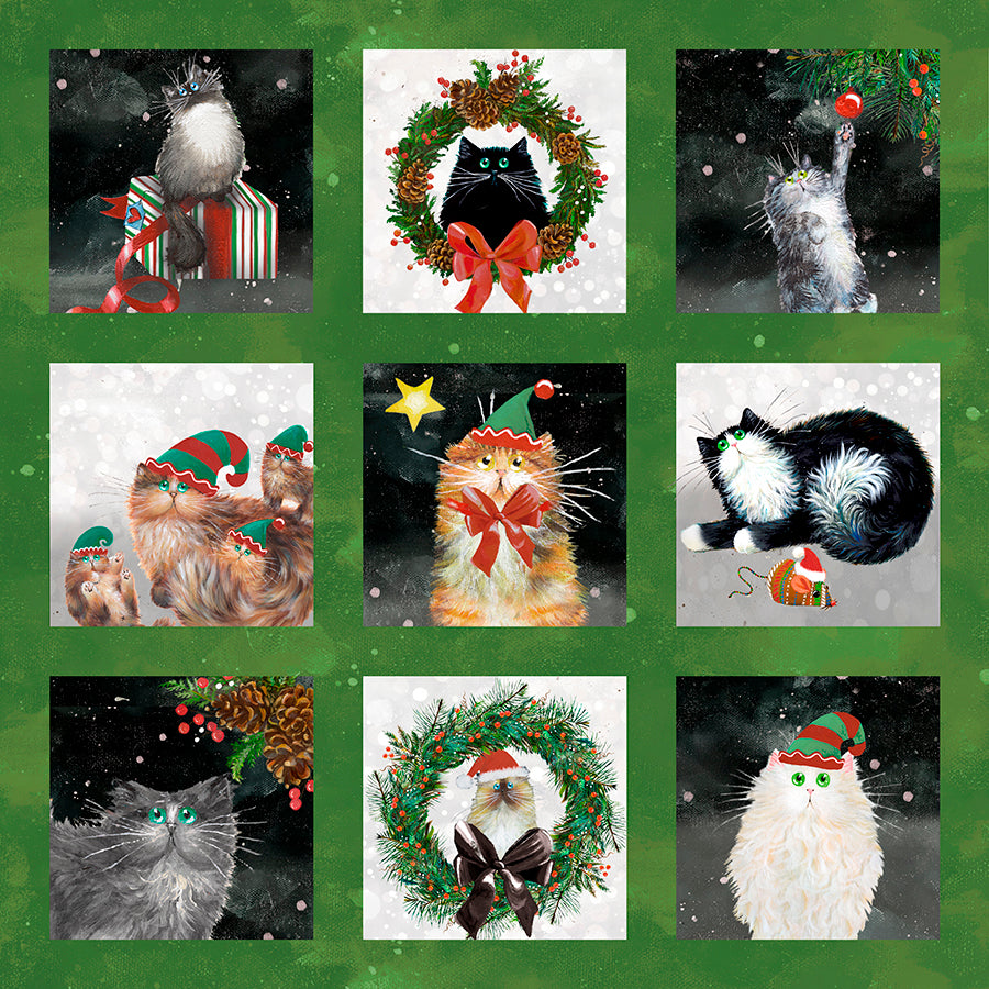 Meowy Christmas Festive Felines 28.5" Panel Pine