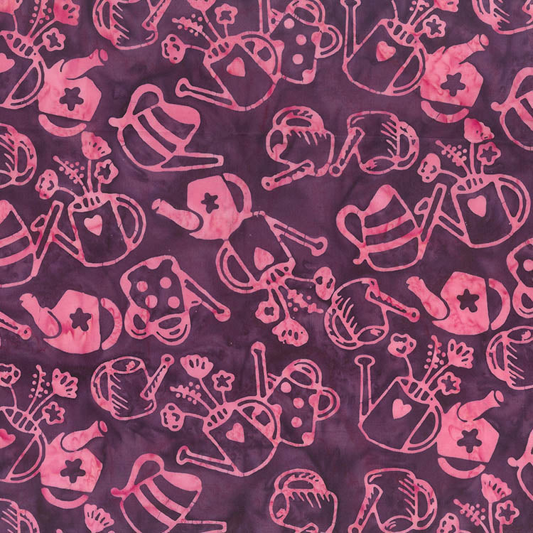 Banyan Secret Garden Batiks Watering Cans Plum Berry 1 Yard Cut