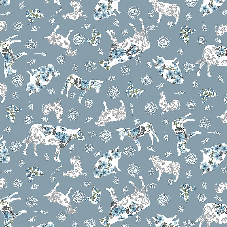 Farmhouse Fixer Upper Floral Farmyard Denim Blue