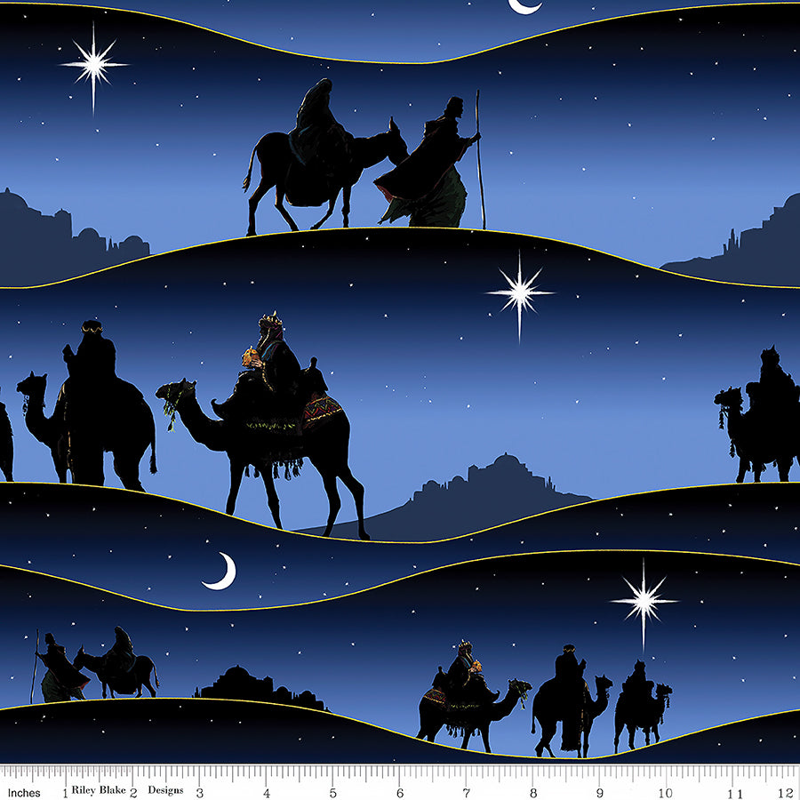 Christmas Wishes Nativity Border Print Navy