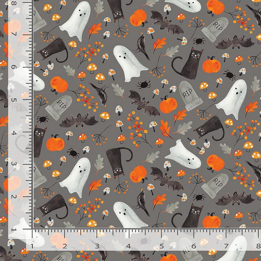 Haunted House Tossed Ghost Bat & Florals Gray