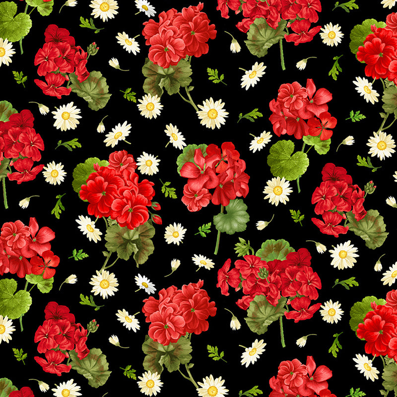 Timeless Treasures Scarlet Beauty Geranium & Daisies Black 1 Yard Cut