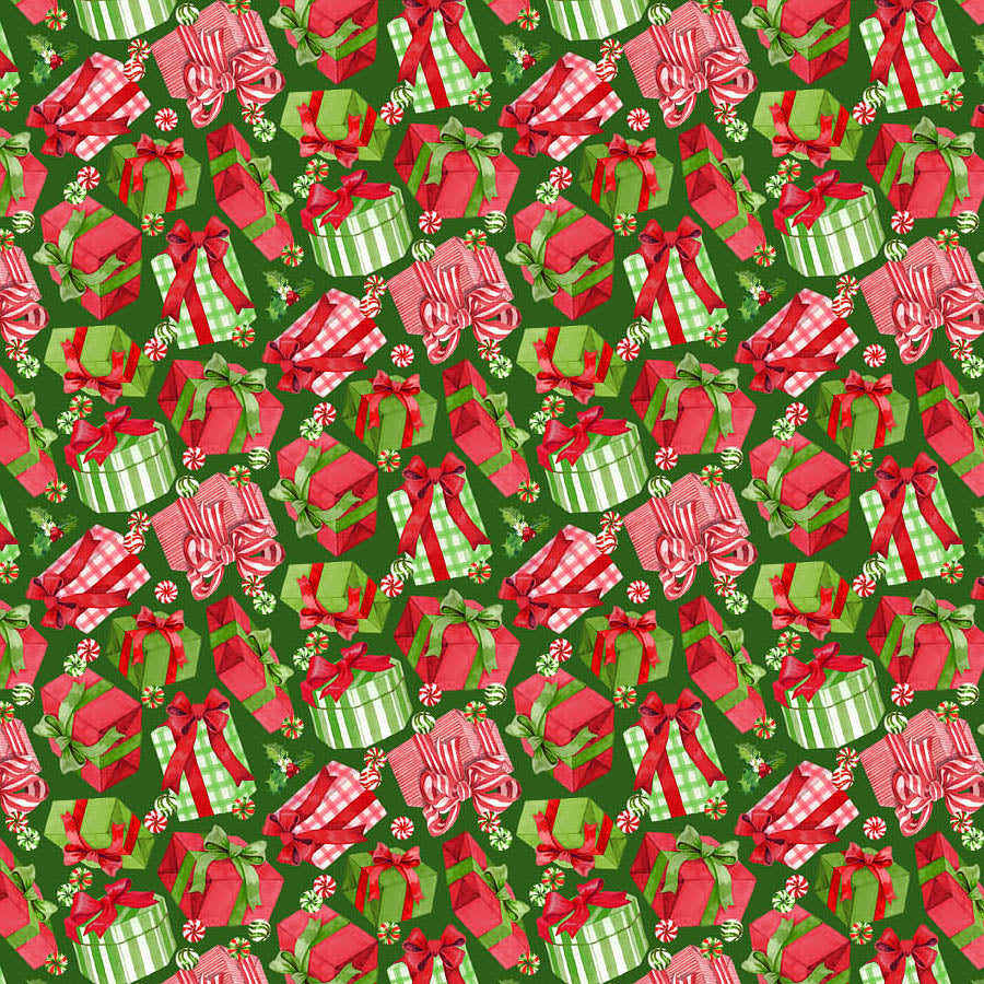 Vintage Christmas Presents Dark Green Multi