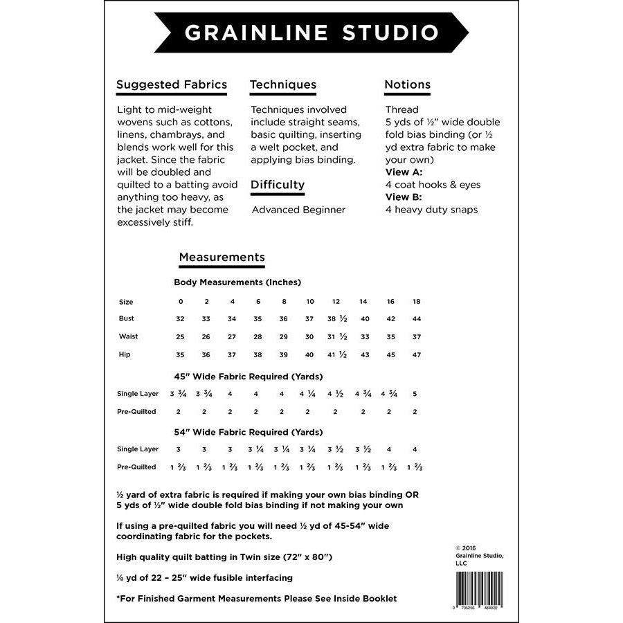 Tamarack Jacket Pattern Sizes 0-18 from Grainline Studio