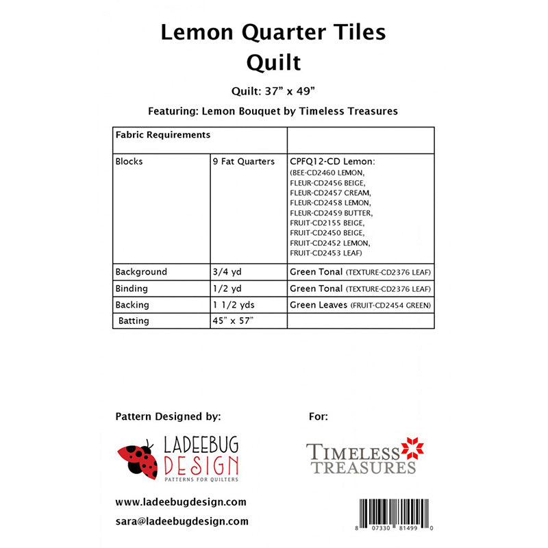 Lemon Quarter Tiles Quilt Pattern by Ladeebug Design