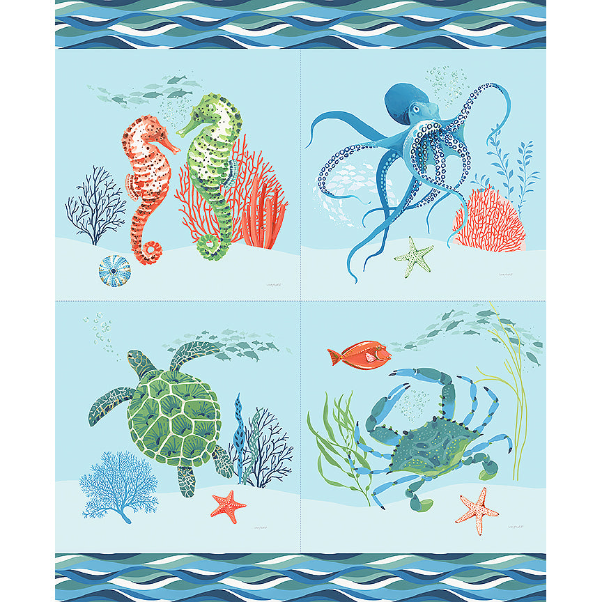 Free as the Ocean 36" Sea Animals Pillow Panel Multi