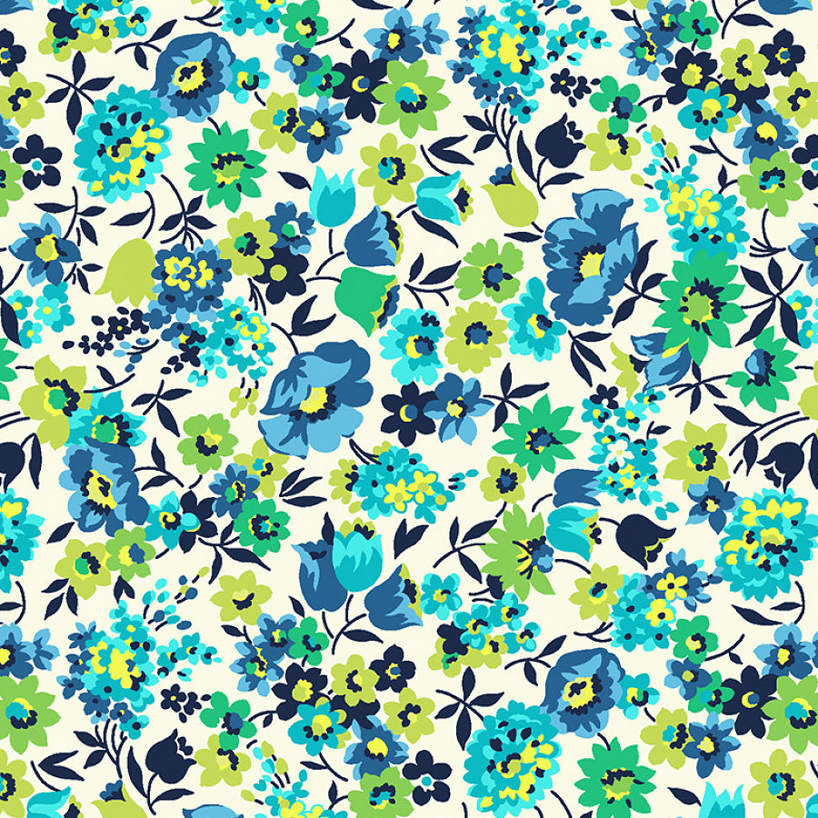 Marcus Blue Crush Packed Flowers White 1 Yard Cut