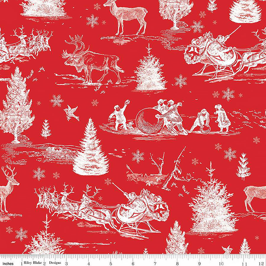108" Wide Quilt Backing Peace On Earth Christmas Scene Red