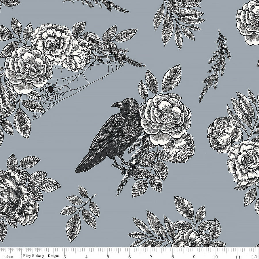 108" Wide Quilt Backing Sophisticated Halloween Floral Raven Fog