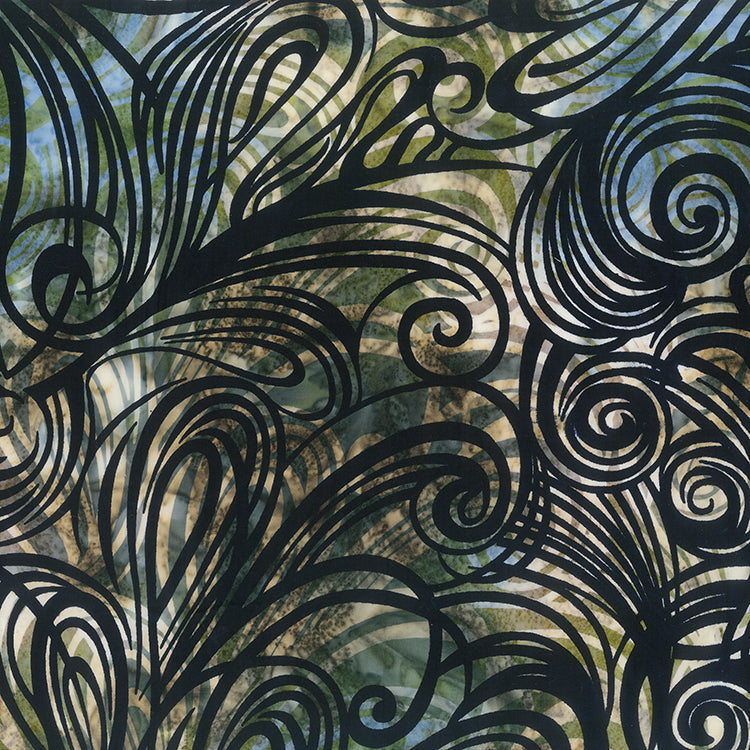 Color Me Banyan - Swirls Batiks Bleached w/ Overprint Olive