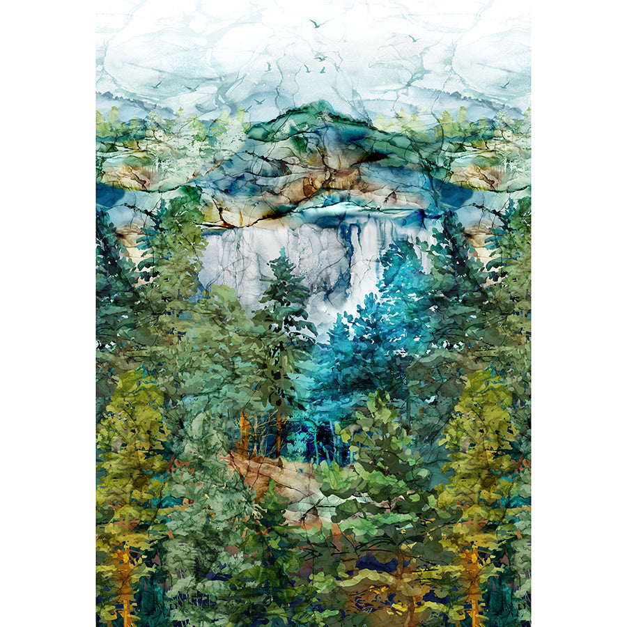 108" Wide Quilt Backing Cedarcrest Falls Scenic Teal Multi – Remnant 12″ × 108″