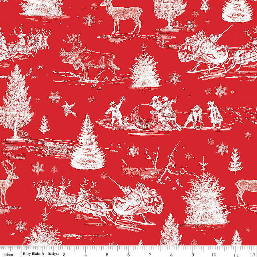 108" Wide Quilt Backing Peace On Earth Christmas Scene Red – Remnant 33″ × 44″
